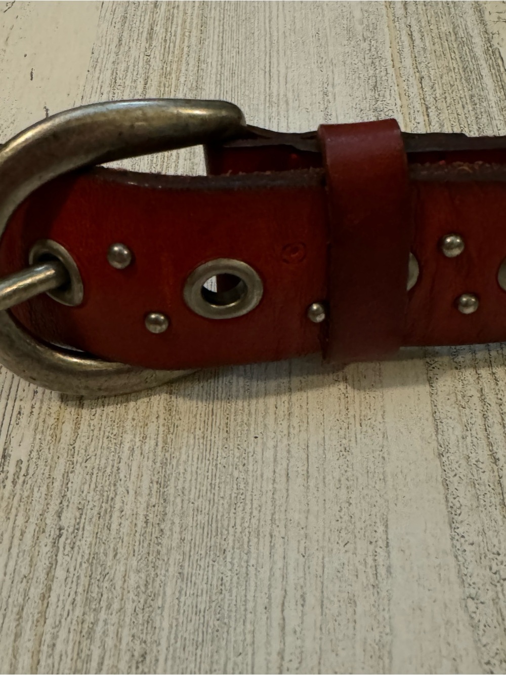 Fossil Vintage Leather Red Grommets Silvertone Customizable Brass Buckle Belt L - Picture 11 of 11